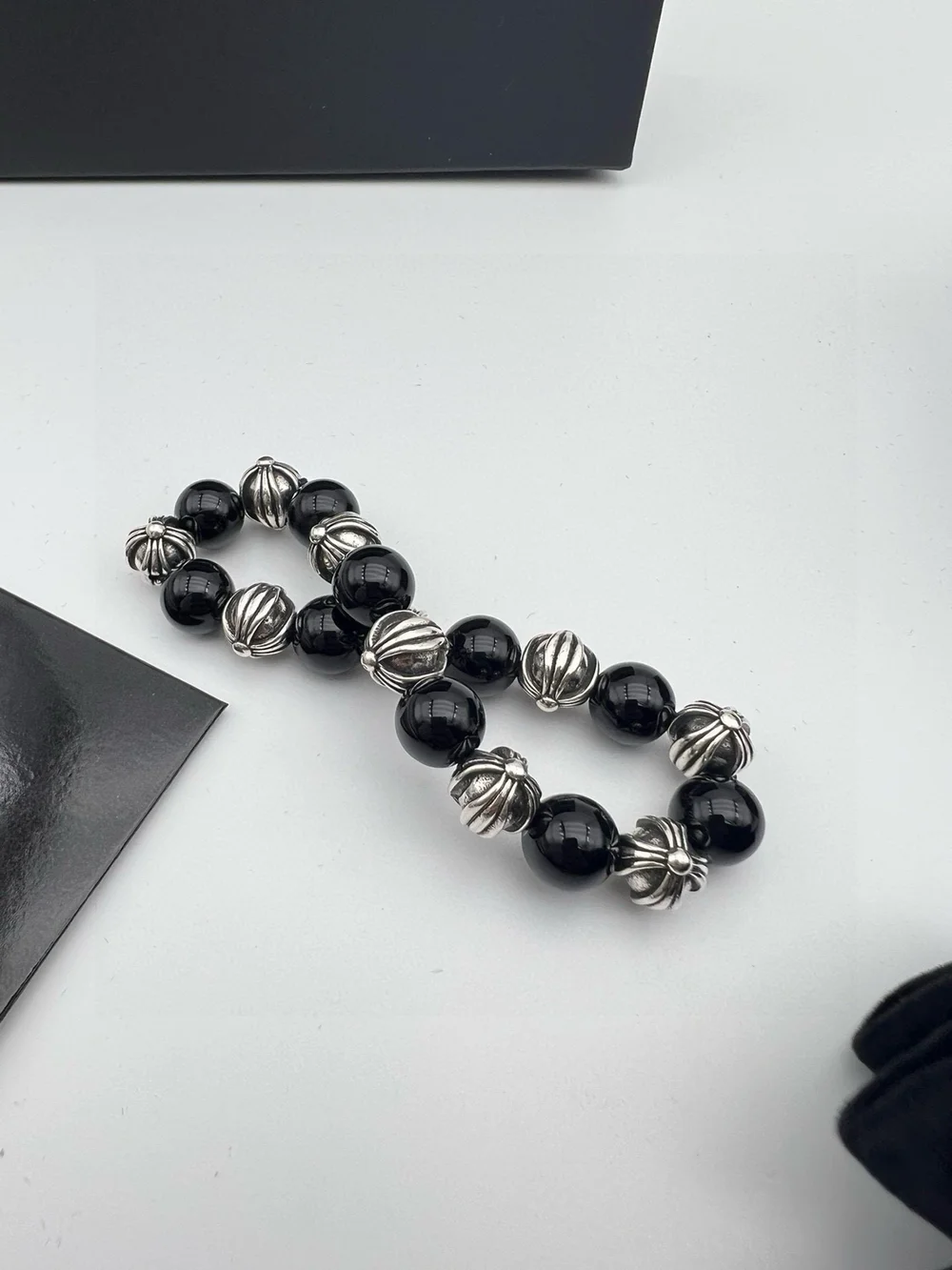 Chrome Hearts Men's Black Beaded Bracelet with Silver Accents